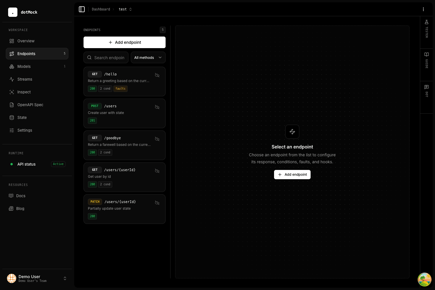 DotMock REST endpoint workspace with POST, GET, and PATCH users operations