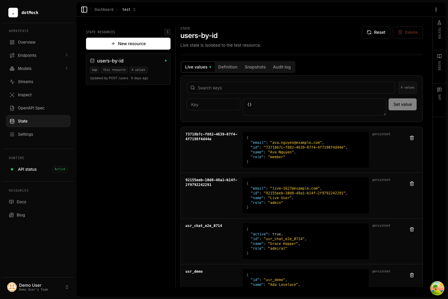 DotMock state workspace with searchable live values and separate Definition, Snapshots, and Audit log tabs