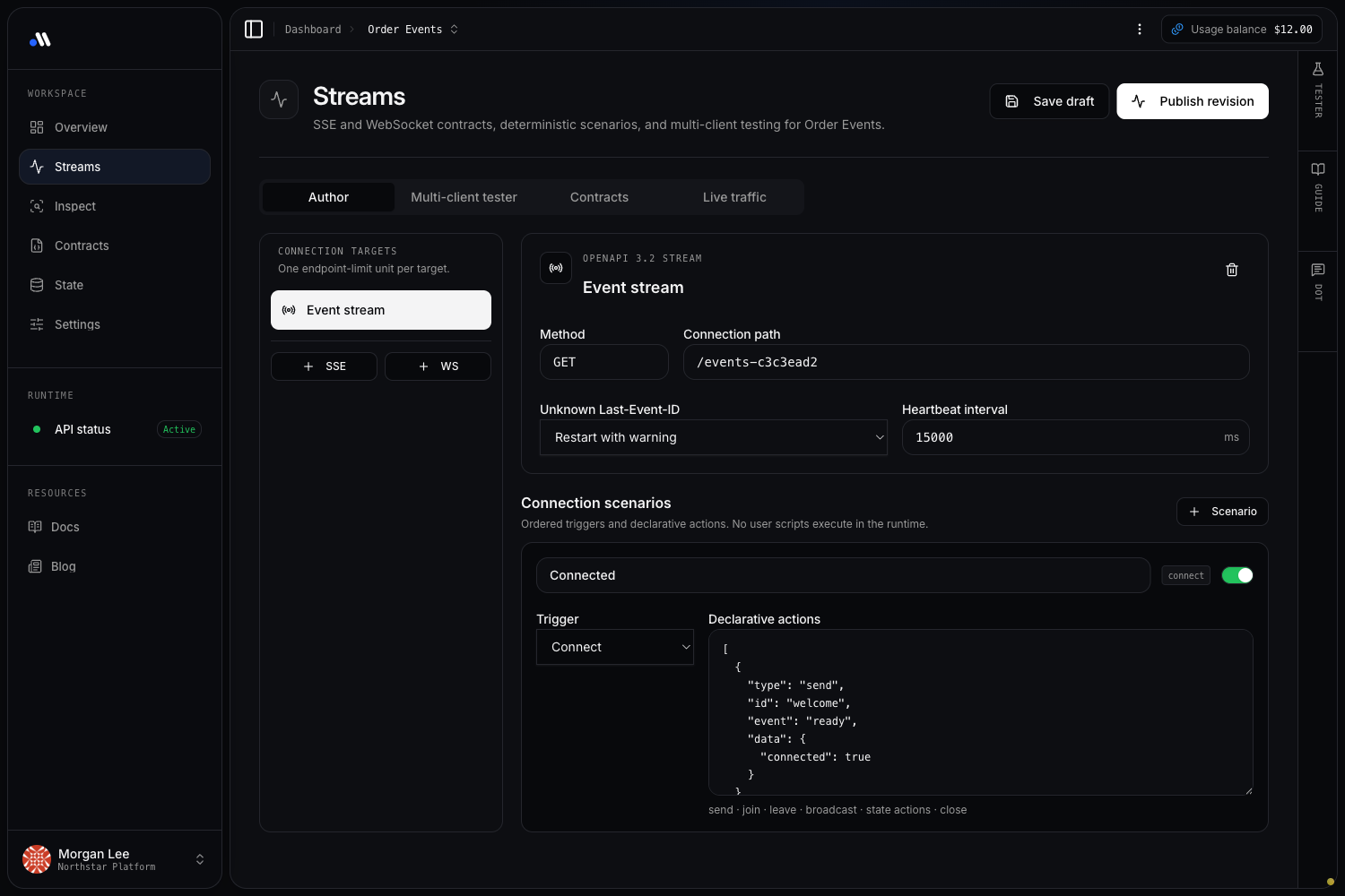 DotMock realtime workspace authoring an SSE event stream with heartbeat and connection scenarios
