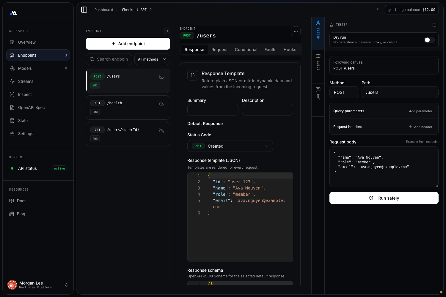 DotMock REST workspace with a POST users response template and the built-in safe tester